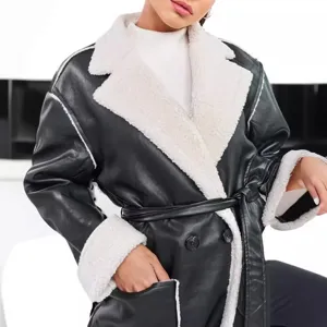 Stylish black PU leather coat featuring cozy white shearling lapels and elegant belt detail.