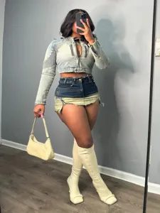 Women denim crop jacket gradient skirt set sexy slim fit retro streetwear outfit apparel