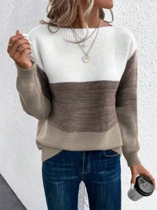 Casual πουλόβερ πλεκτό colorblock με στρογγυλή λαιμόκοψη, μακριά μανίκια και στιλ.