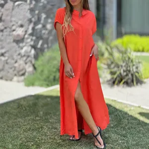 Women Solid Color Linen Cotton Long Dress Casual Short Sleeve Button Down Shirt Dress