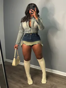 Gradient denim crop jacket and mini skirt set, sexy tight fit distressed outfit for women.