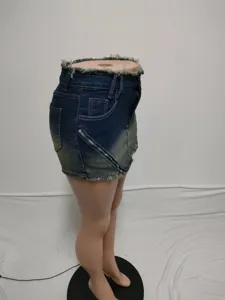 Detailed side view of women sexy gradient wash distressed denim bodycon mini skirt pants.