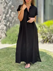 Solid color linen short sleeve button down maxi dress detail showcasing casual loose fit.