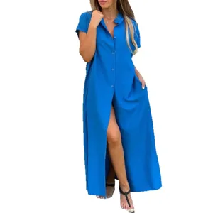 Detail view of women's solid color linen maxi shirt dress, short sleeve button down design.