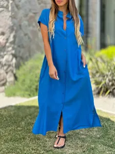 Detailed view of the casual blue button-down maxi dress showcasing short sleeves and fabric.