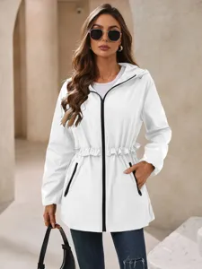 Close-up detail view of the stylish white hooded jacket featuring black zipper and pockets.
