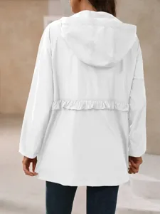 Women white hooded windbreaker jacket casual drawstring ruffled waist outerwear coat daily wear