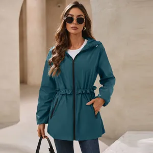 Women Casual Waterproof Polyester Windbreaker Jacket Hooded Zip Up Drawstring Waist Outdoor Raincoat With Pockets Solid Color Fashion Coat