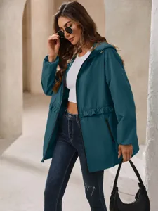 Women's teal hooded waterproof jacket casual zip up outerwear with pockets for autumn fashion.