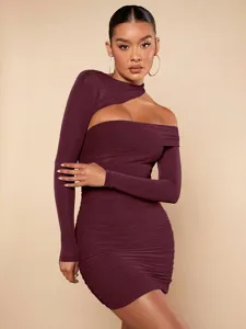 Elegante Dames Lange Mouw Cutout Geringde Bodycon Mini Jurk Sexy Party Outfit