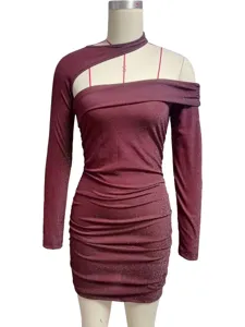 Bordeaux rode glitter lange mouw one shoulder cutout gerimpelde bodycon mini jurk