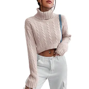 Women turtleneck cable knit cropped sweater long sleeve casual autumn winter solid top