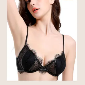 Sexy black lace bra for women, breathable thin cup lingerie with sleek patent trim.