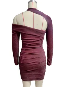 Sexy Vrouwen Glitter Eén Schouder Lange Mouw Ruches Bodycon Mini Jurk Feestje