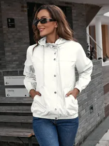 Women's white hooded waterproof jacket casual outdoor windbreaker coat with drawstring details.