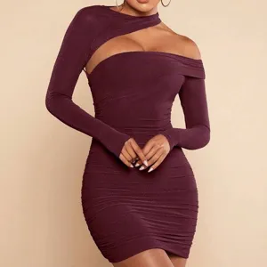 Sexy Dames Mini-Jurk met Lange Mouwen Opstaande Kraag Opengewerkt Geplooid Bodycon Wijnrood Nauwsluitende Korte Rok Jurk voor Feest Club