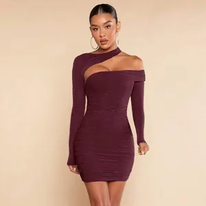 Vrouwen lange mouw een schouder cutout gerimpelde bodycon jurk hoofdproduct weergave