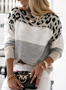 Schickes, farbblockiertes Leo-Muster Langarm Rundhals Pullover Damen modischer Strickpullover.