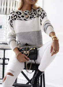 Damen Mode Farbblock Leo Muster Langarm Pullover Lässiger Oversized Strickpullover Top