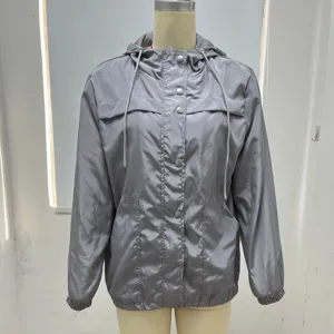 Grey hooded windbreaker jacket for women outdoor hiking sports coat casual lightweight top