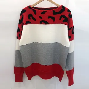 Damen lässiger farbblockierter Leopardenmuster Langarm Rundhals Strickpullover Top.