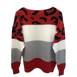 Damen Mode Farbblock Leopardenmuster Langarm Rundhals Freizeit Strickpullover Ansicht