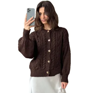 Retro grove kabelbreisel cardigan vrouwen ronde hals knopen bruine trui hoofdweergave