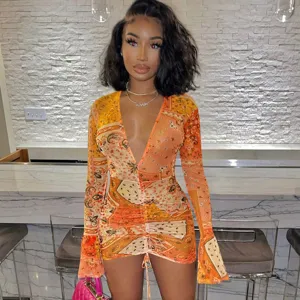Detailed view of sexy mesh printed long sleeve V-neck ruched bodycon dress in home scene