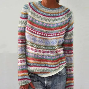 Women's colorful striped knitted sweater, casual round neck long sleeve winter pullover top.
