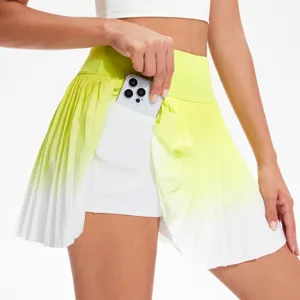 Gradient pleated tennis skirt with phone pocket, anti-glare fake two-piece activewear.