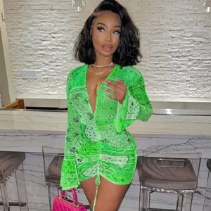 Sexy green mesh print long sleeve deep v ruched bodycon mini dress for women party clubwear