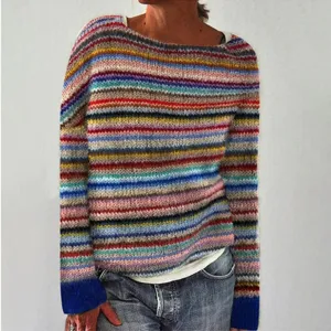 Women casual colorblock striped knitted sweater pullover comfortable long sleeve top detail