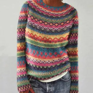 Close up view of the colorful geometric pattern knit sweater, showing detailed fabric texture.