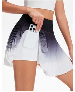 Women's sports tennis skirt fake two-piece gradient pleated fitness yoga skirt with pocket