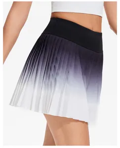 Detailed view of women gradient pleated tennis skirt, high waist sports fitness short skirt.