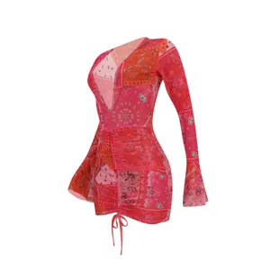 Women sexy mesh printed deep v ruched bodycon mini dress, stylish bandana patchwork long sleeve.
