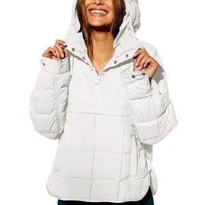 Women Winter Solid Color Hooded Padded Puffer Jacket Casual Snap Pullover Outerwear