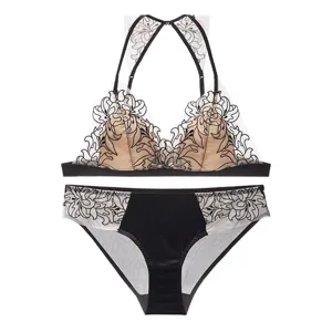 Damen sexy durchsichtige Mesh Blumen bestickte bügelose Triangel BH und Höschen Set