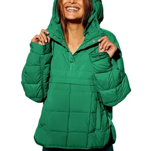 Green quilted detail of women winter hooded padded jacket with snap buttons and front pocket.