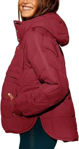Women winter solid color hooded puffer jacket with pocket long sleeve outerwear detail