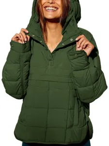 Solid color winter long sleeve hooded puffer jacket with snap buttons for women warm outerwear.