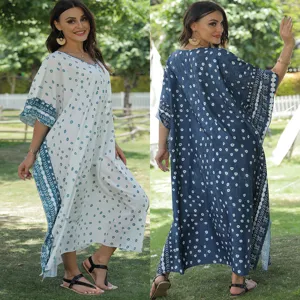 Robe Caftan Femme Col en V Ample Imprimé Cache-Maillot Plage Protection Solaire Robe Maxi Vacances Manche Chauve-Souris