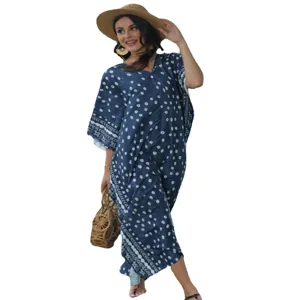 Robe longue de plage caftan ample col V, élégante robe longue imprimée bleue décontr.