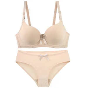 Women solid seamless bra and panties lingerie set nude color push up everyday underwear set