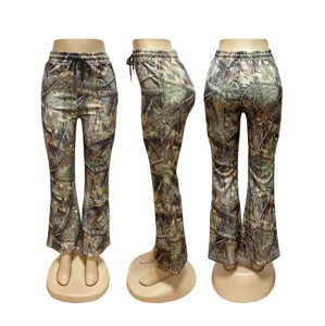 Pantalon patte d'eph vintage camouflage femme taille elastique decontracte automne