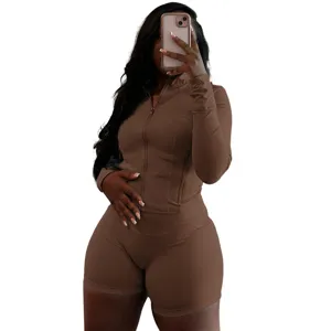 Women athletic two piece set long sleeve full zip jacket tight shorts brown fitness gym outfit