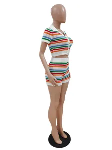 Detailed view of the colorful striped knit short sleeve top and matching shorts set.