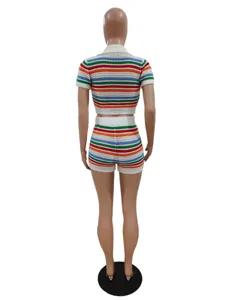 Women colorful striped knit crop top and matching shorts summer casual two piece set.