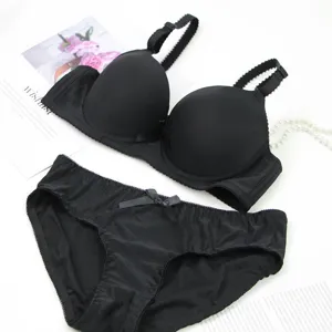 Seamless black bra and panties set, smooth push-up design for women daily wear comfort.