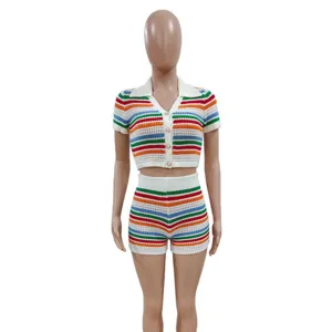 Stylish women colorblock knit crop top and shorts two piece set summer outfit.